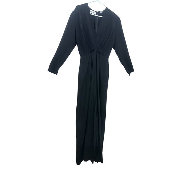 Vintage Albert Nipon 100% Silk Long Dress 6 Black V-neck Long Sleeves Morticia - Picture 15 of 16